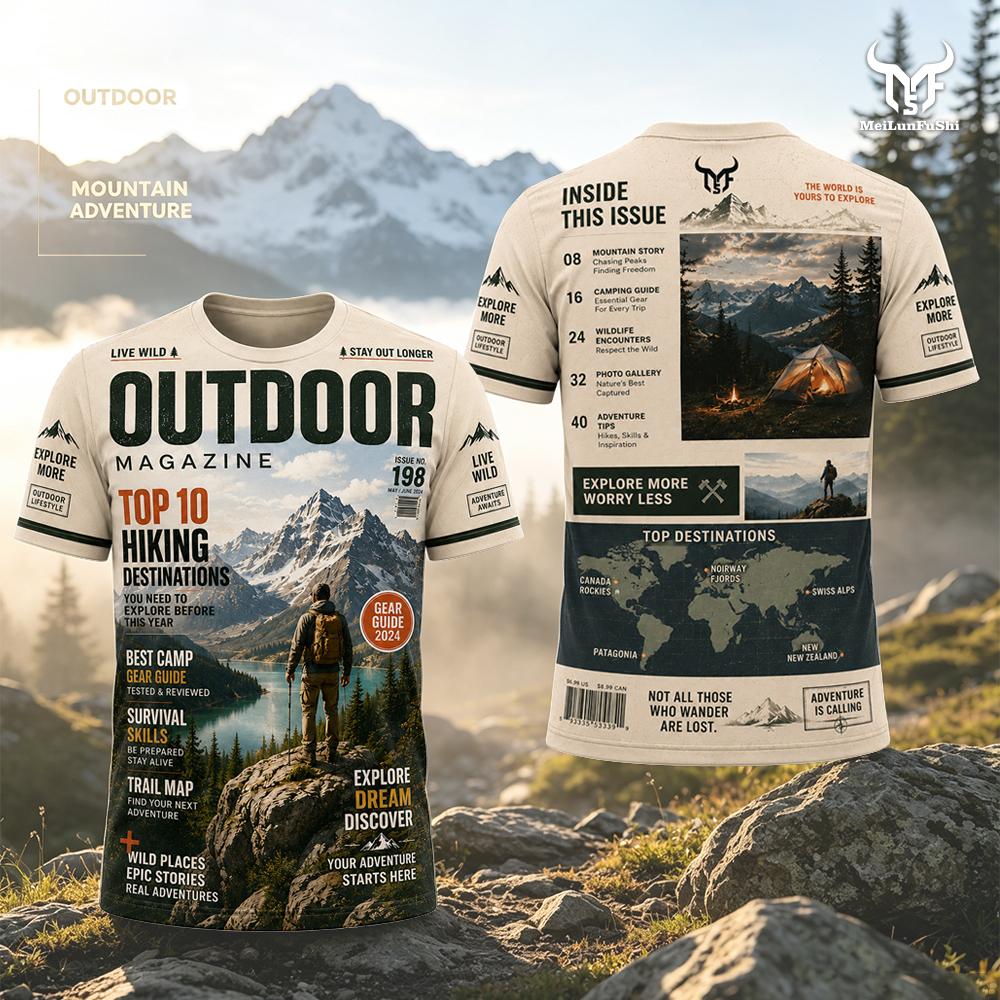 Outdoor Adventure Magazines - Camiseta Estilo Revista com Estampa de